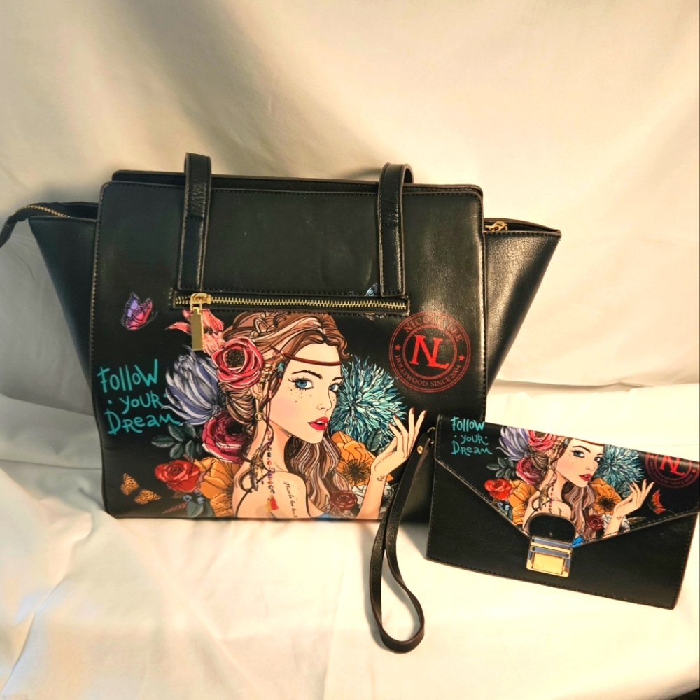 Nicole Lee "Follow Your Dreams" handbag with slim detachable wallet.